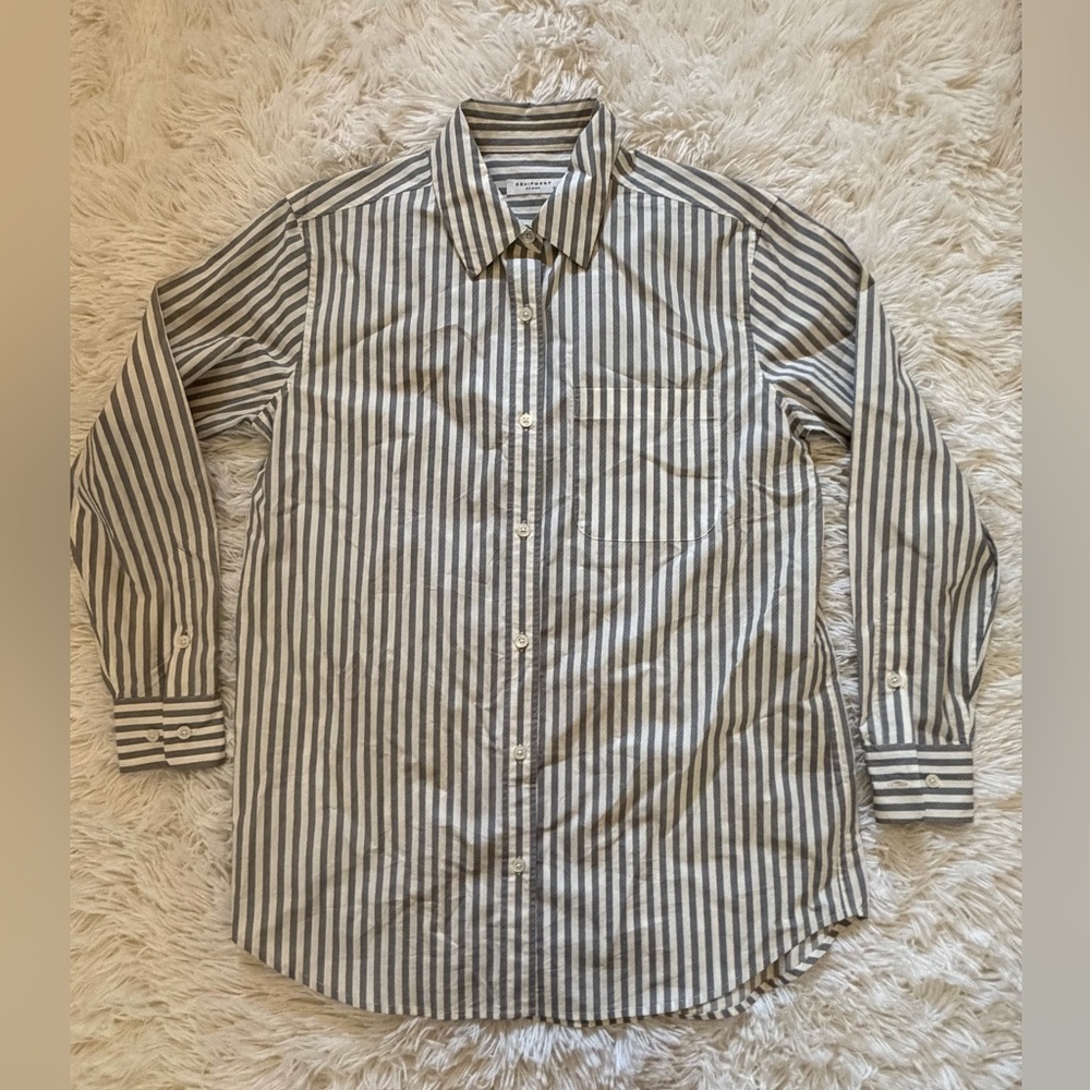 Equipment Femme 100% Silk Gray White Stripe Button Down Blouse Women’s S NWOT